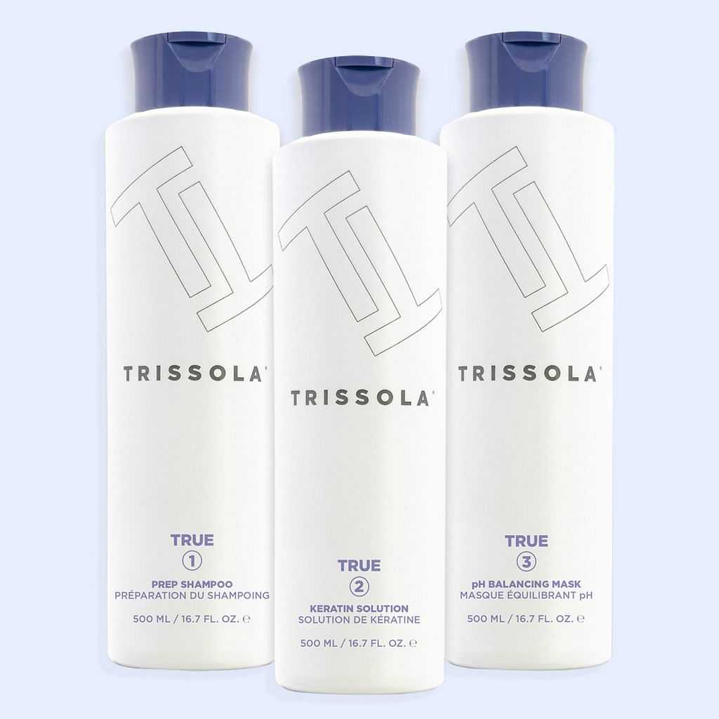 Trissola hair care products: shampoo, keratin solution, and pH balancing mask bottles.