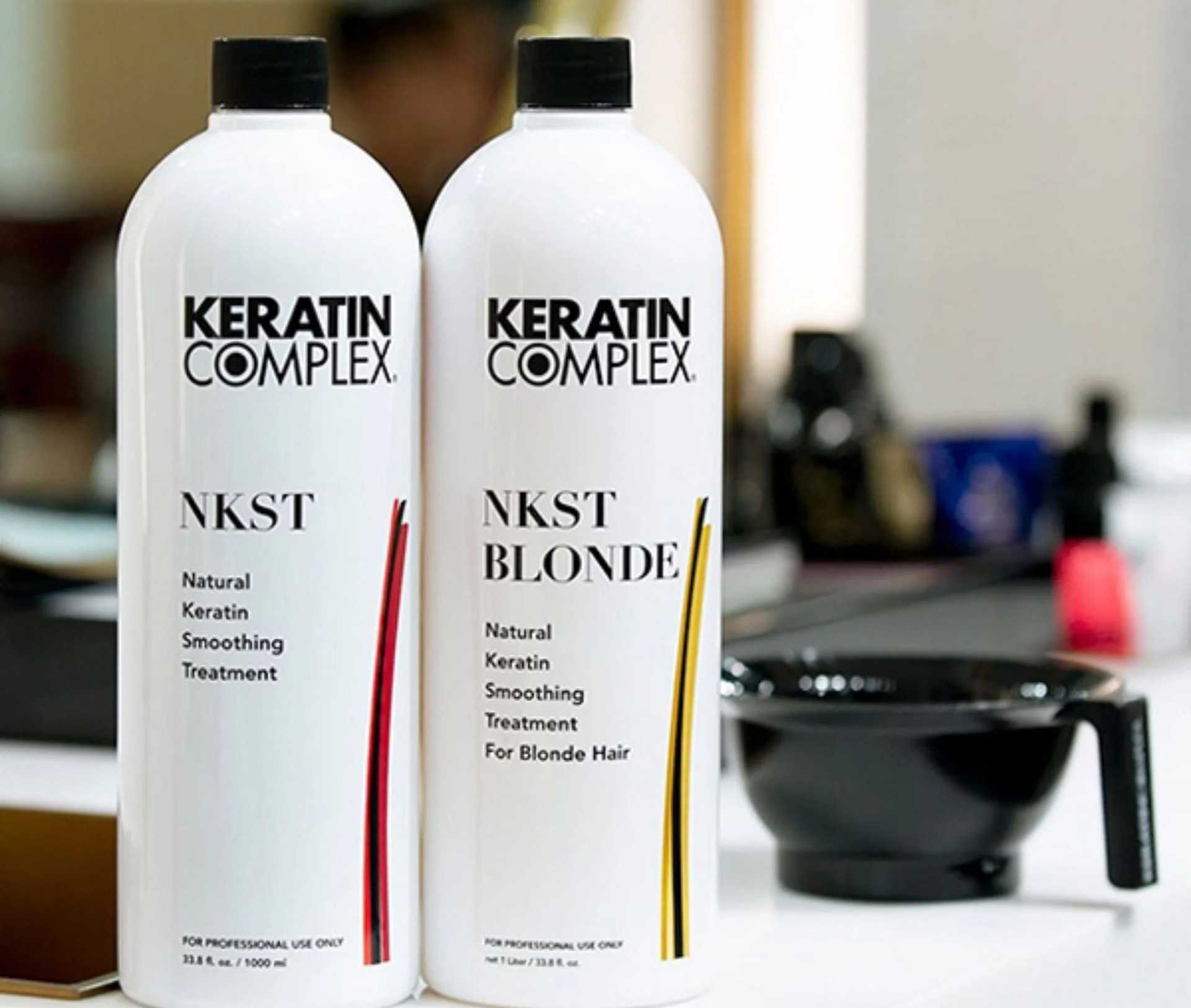 Keratin Complex NKST and NKST Blonde products on a salon counter.