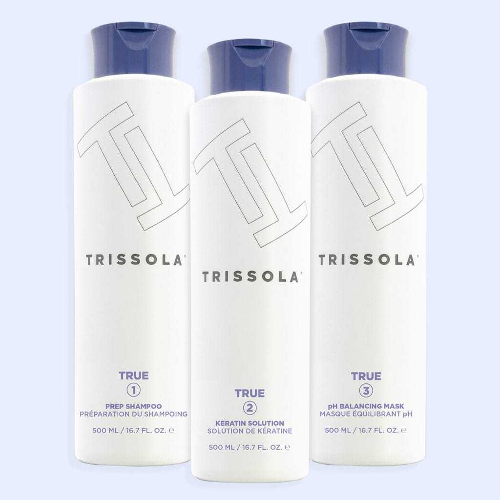 Trissola hair care products: shampoo, keratin solution, and pH balancing mask bottles.