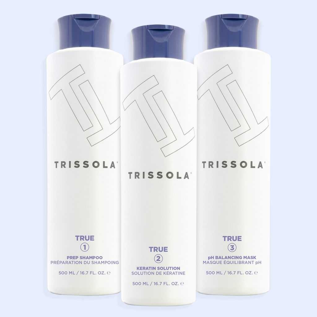Trissola hair care products: shampoo, keratin solution, and pH balancing mask bottles.