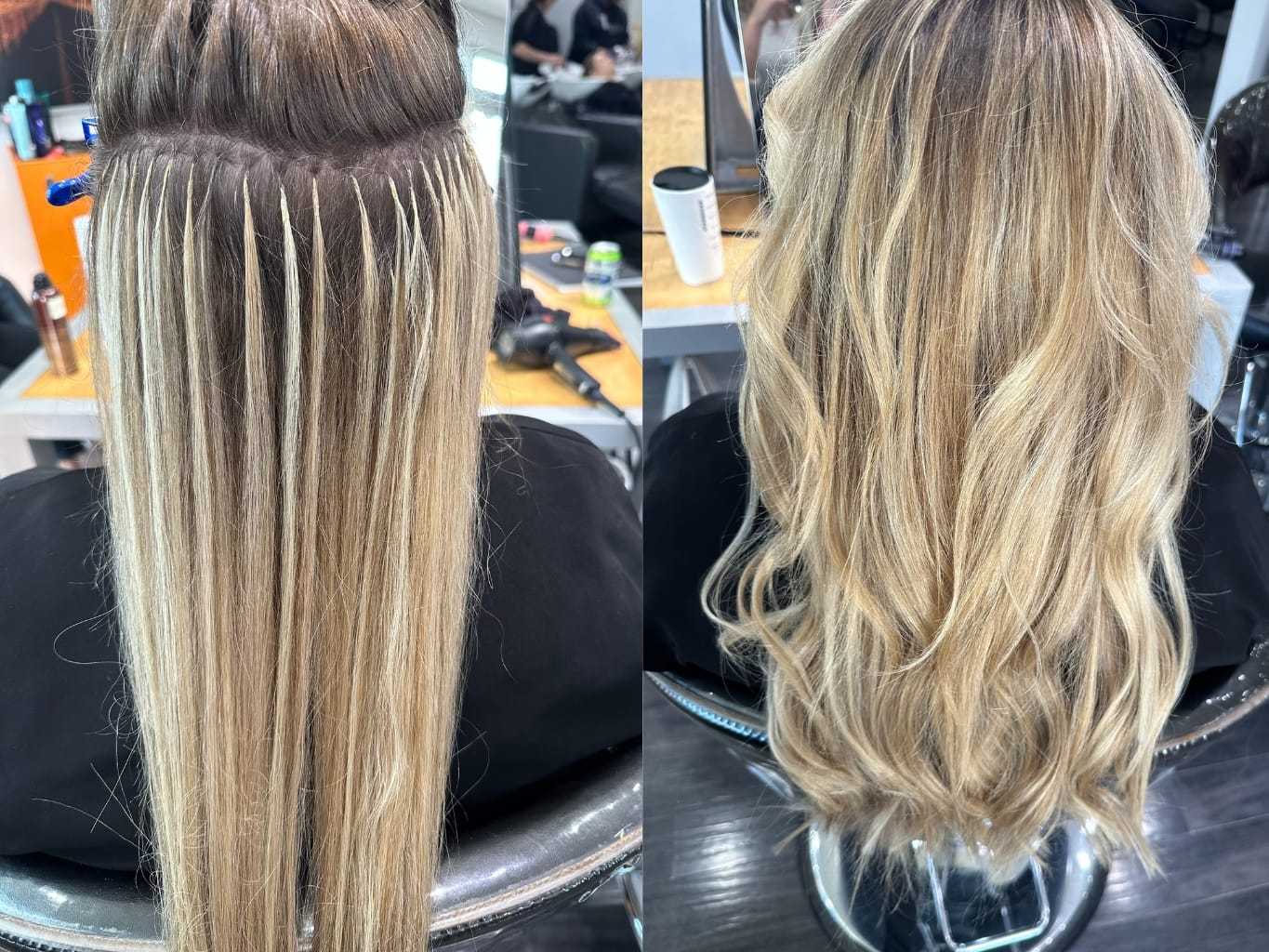 Before and after hair extension transformation, showing drastic length and volume enhancement.