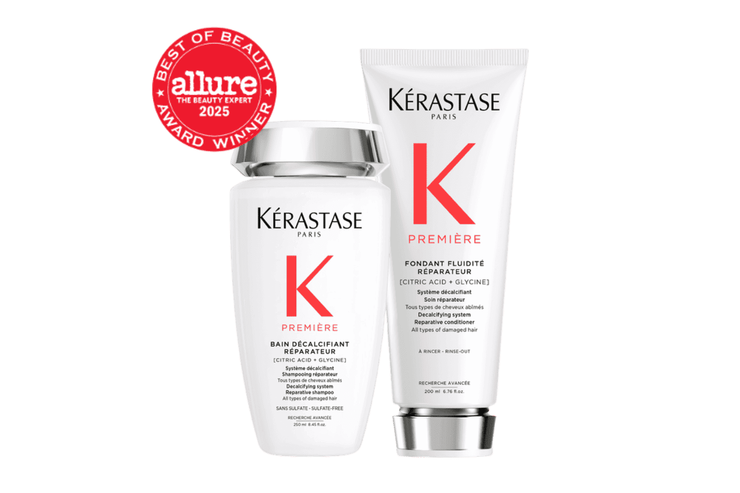 Kérastase Première shampoo and conditioner set with award seal on green background.