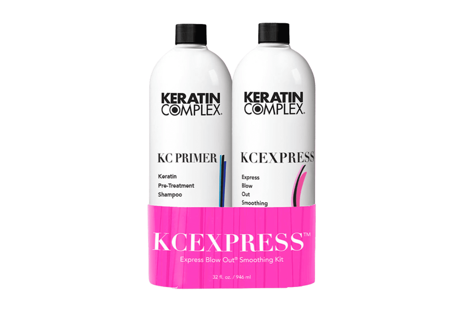 KCExpress smoothing kit with keratin shampoo and treatment; two white bottles.